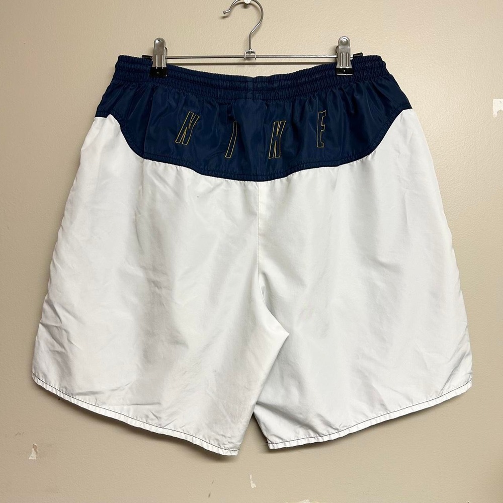 Vintage 90s Nike Back Spellout Nylon Two Tone Athletic Shorts Mens Medium Navy